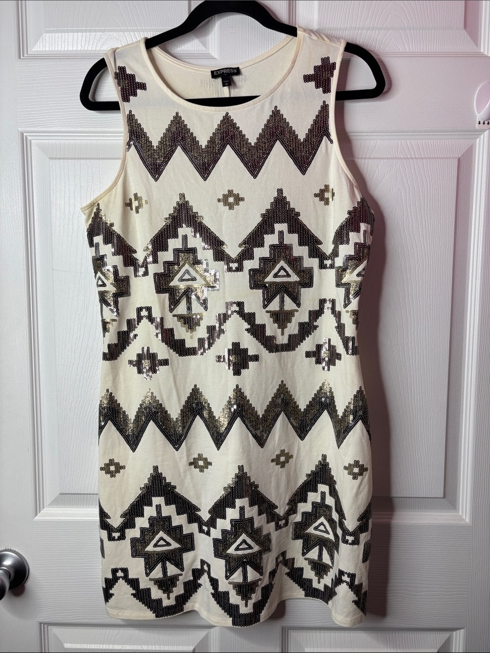 Express Ivory Mini Dress with Black and Gold Sequin Tribal Pattern